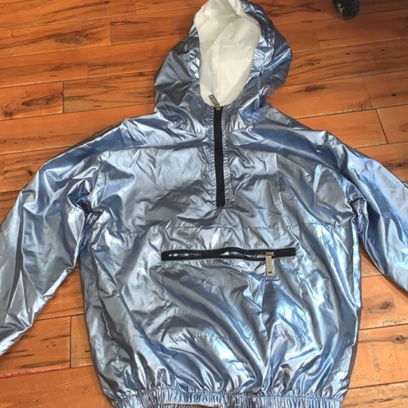 LOVE metallic Holographic light blue Windbreaker hooded Jacket XL - Picture 1 of 4